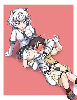&gt;_&lt; 1boy 1girl adansosutega animal_ears animal_print arm_support bare_arms between_legs bike_shorts bike_shorts_under_shorts black_thighhighs blue_eyes blush boots bow breast_pocket captain_(kemono_friends) cargo_shorts choke_hold clenched_hand clenched_teeth collared_shirt detached_sleeves elbow_gloves embarrassed extra_ears fang femdom flying_sweatdrops furrowed_brow garter_straps gloves grey_hair hetero highres kemono_friends kemono_friends_3 lying medium_hair miniskirt multicolored_hair nose_blush on_back plaid_bow plaid_clothes plaid_skirt plaid_sleeves pocket print_thighhighs scissorhold shirt short_hair short_sleeves shorts shorts_under_shorts sidelocks sitting skirt strangling streaked_hair struggling sweat tail teeth thighhighs tiger_print trembling triangle_choke two-tone_hair white_gloves white_hair white_shirt white_tiger_(kemono_friends) white_tiger_print wrestling zettai_ryouiki