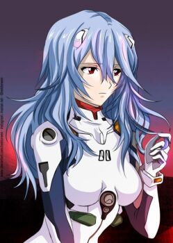 1girl ayanami_rei blue_hair bodysuit breasts evangelion:_3.0+1.0_thrice_upon_a_time expressionless hair_between_eyes hair_ornament long_hair mecha_pilot_suit night night_sky plugsuit rebuild_of_evangelion red_eyes sky
