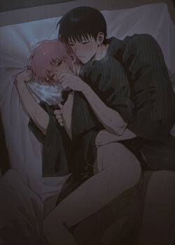 2boys anal ass bed_sheet black_eyes black_hair black_kimono blanket blush breath brown_eyes choppy_bangs clothes_lift commentary_request covering_own_mouth cowboy_shot cum cum_on_ass cum_on_body cum_on_penis dark earrings empty_eyes erection everyday_host feet_out_of_frame from_above futon hair_between_eyes hajime_(everyday_host) hand_on_another's_stomach hands_up japanese_clothes jewelry kimono kimono_lift korean_commentary kouichi_(everyday_host) large_penis looking_ahead looking_at_another lying male_focus male_penetrated mature_eyes motion_lines multiple_boys multiple_piercings naked_kimono narrowed_eyes neck_blush nipple_stimulation nipple_tweak on_side open_clothes open_kimono pale_skin parted_lips penis pink_hair ppssyhys raised_inner_eyebrows sex sex_from_behind sheet_grab short_hair spooning stomach_bulge striped_clothes striped_kimono stud_earrings sweat trembling twitching uneven_eyes wispy_bangs yaoi yukata