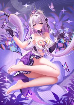 1girl absurdres asymmetrical_gloves bare_legs bare_shoulders barefoot black_tiara breasts bug butterfly castorice_(honkai:_star_rail) commentary_request dress elbow_gloves feet flower gloves hair_flower hair_ornament highres honkai:_star_rail honkai_(series) insect large_breasts legs long_hair looking_at_viewer mismatched_gloves nail_polish pointy_ears purple_eyes purple_gloves purple_hair smile solo tiara toenail_polish toenails toes very_long_hair white_dress zekong_pioneer