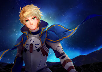 1boy arthur_pendragon_(fate) blonde_hair blue_capelet capelet dsprite23 fate/prototype fate_(series) looking_at_viewer male_focus night night_sky sky solo