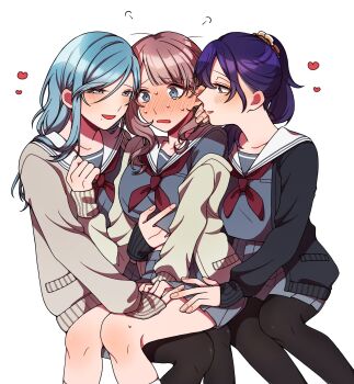 3girls 3s3677804311973 asahina_mafuyu black_cardigan black_pantyhose blue_hair blush cardigan clothes_lift commentary_request grey_eyes grey_shirt grey_skirt hand_on_another&#039;s_thigh hand_under_clothes hand_under_shirt heart highres hinomori_shizuku long_hair mochizuki_honami mole mole_under_mouth multiple_girls neckerchief nervous_sweating open_mouth pantyhose pink_hair pleated_skirt ponytail project_sekai purple_eyes purple_hair red_neckerchief sailor_collar shirt shirt_lift simple_background sitting sitting_on_lap sitting_on_person skirt sweat white_background white_sailor_collar yellow_cardigan yuri