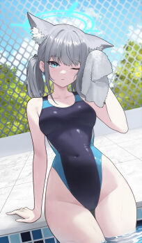 1girl absurdres animal_ear_fluff animal_ears blue_archive competition_swimsuit covered_navel extra_ears grey_hair halo highleg highleg_one-piece_swimsuit highres holding holding_towel low_ponytail multicolored_swimsuit official_alternate_costume one-piece_swimsuit one_eye_closed partially_submerged ponytail pool poolside potatoy shiroko_(blue_archive) shiroko_(swimsuit)_(blue_archive) solo swimsuit towel two-tone_swimsuit wolf_ears wolf_girl