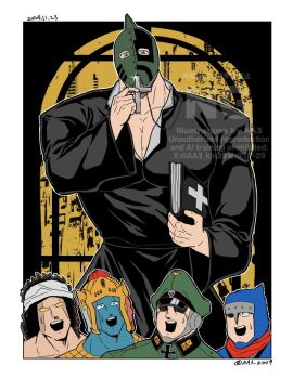 Rule 34 | 2024, 5boys, aa3 kin29, ashuraman, bandages, bible (object), blue skin, brocken jr., buffaloman, colored skin, cross, cross necklace, curly hair, green hat, green mask, hat, jewelry, kinnikuman, kinnikuman soldier, military hat, military uniform, multiple boys, necklace, no pupils, open mouth, priest, red scarf, scarf, signature, the ninja (kinnikuman), yellow eyes