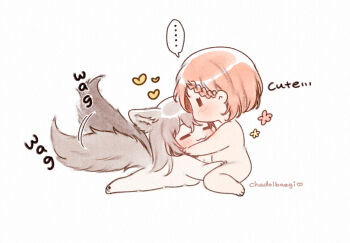 ... 2girls :3 =_= animal_ears artist_name barefoot blush braid chadolbaegi chibi commentary completely_nude couple english_commentary english_text grey_hair hand_on_another&#039;s_shoulder hand_on_another&#039;s_thigh heart highres long_hair lying multiple_girls nude on_stomach orange_hair side_braid simple_background sitting solo sound_effects speech_bubble spoken_ellipsis tail tail_wagging white_background yuri