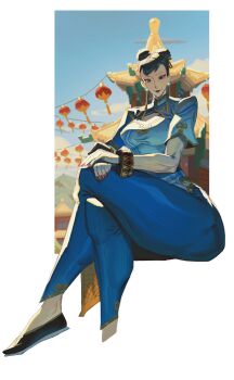 Rule 34 | 1girl, a tai, absurdres, architecture, black hair, black shoes, blue pants, blue sky, border, breasts, capcom, chinese clothes, chun-li, cleavage cutout, closed mouth, clothing cutout, commentary, cropped legs, crossed legs, double bun, earrings, east asian architecture, eyeliner, flats, gold bangle, gold trim, hair bun, highres, jewelry, lantern, large breasts, makeup, nail polish, official alternate costume, outdoors, own hands together, pants, pearl earrings, pelvic curtain, red eyeliner, red nails, shoes, short sleeves, sitting, sky, smile, solo, street fighter, street fighter 6, thighs, updo, white border