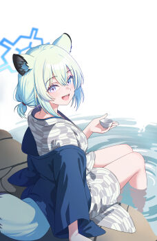 Rule 34 | 1girl, absurdres, animal ear fluff, animal ears, aqua hair, blue archive, blue halo, blue haori, blush, commentary request, cup, from behind, grey kimono, hair between eyes, halo, haori, highres, holding, holding cup, japanese clothes, kimono, official alternate costume, official alternate hairstyle, open mouth, ponytail, purple eyes, shigure (blue archive), shigure (hot spring) (blue archive), short ponytail, sitting, soaking feet, solo, tail, u-ho (uhokk00), weasel ears, weasel girl, weasel tail