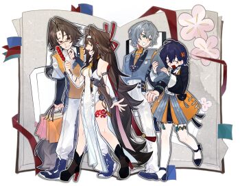 2boys 2girls ahoge bag belle_(delicate_sunlight)_(zenless_zone_zero) belle_(zenless_zone_zero) blue_hair brother_and_sister brown_hair calx chinese_clothes clover_hair_ornament diary dress droopy_ears food fox_boy fox_girl fox_tail from_side glasses grey_hair hair_ornament hashtag-only_commentary headband highres holding holding_food leg_tattoo long_hair multiple_boys multiple_girls pants pantyhose ribbon shoes shopping_bag short_hair siblings smile tail tattoo very_long_hair wise_(soaring_crane)_(zenless_zone_zero) wise_(zenless_zone_zero) ye_shiyuan ye_shunguang zenless_zone_zero