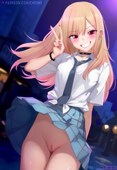 1girl absurdres black_choker blonde_hair blue_necktie blue_sky blush breasts chenki_(chenki) choker clothes_lift commentary cowboy_shot english_commentary highres kitagawa_marin looking_at_viewer necktie night no_panties open_mouth outdoors paid_reward_available patreon_username pussy red_eyes red_nails shirt skirt skirt_lift sky smile solo sono_bisque_doll_wa_koi_wo_suru teeth thighs twitter_username uncensored v white_shirt wind wind_lift