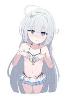 ? absurdres commentary_request female_tyrant_(stella_sora) female_tyrant_(swimsuit)_(stella_sora) flat_chest hairband heart heart-shaped_pupils highres navel pointy_ears stella_sora swimsuit symbol-shaped_pupils tyrant_(stella_sora) white_background white_hair white_hairband yyyy_42