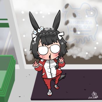 Rule 34 | 1girl, animal ears, black hair, blunt bangs, braid, chibi, chibi only, commentary request, crown braid, full body, glasses, horse ears, horse girl, horse tail, jacket, long sleeves, looking at viewer, multicolored jacket, onikobe rin, opaque glasses, open mouth, pants, red jacket, red pants, red shoes, shoes, short hair, solo, standing, tail, tracen training uniform, two-tone jacket, umamusume, watermark, white jacket, zenno rob roy (umamusume)