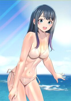 1girl bikini black_hair blue_sky breasts chiyu_mahou_no_machigatta_tsukaikata cleavage cloud collarbone cowboy_shot day green_eyes horizon inukami_suzune kousan leaning_forward long_hair medium_breasts ocean open_mouth outdoors side-tie_bikini_bottom sky solo swimsuit teeth upper_teeth_only white_bikini