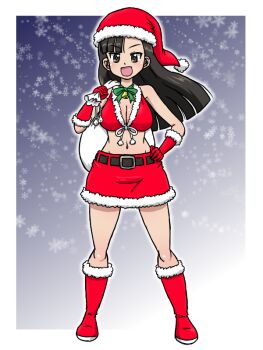 Rule 34 | 1girl, bell, bikini, black hair, blush, boots, breasts, brown eyes, cleavage, commentary request, full body, girls und panzer, gloves, hand on own hip, hat, large breasts, long hair, looking at viewer, midriff, navel, neck bell, nishi kinuyo, open mouth, red boots, red gloves, red skirt, santa bikini, santa costume, santa hat, simple background, skirt, smile, snow, snowing, solo, swimsuit, takahashi kurage