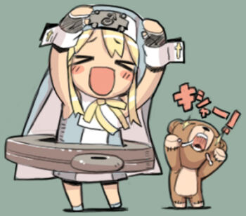 >_< +_+ 1boy :d arms_up bike_shorts black_gloves black_shorts blonde_hair blue_veil blue_vest blush bridget_(guilty_gear) caramelldansen chibi closed_eyes cross cross_print fingerless_gloves full_body gloves green_background grey_socks guilty_gear guilty_gear_xx guimpe hair_between_eyes invisible_floor latin_cross long_sidelocks lowres male_focus mars_symbol nakada neck_ribbon no_shoes nun object_belt on_floor open_mouth oversized_object print_wrist_cuffs raised_inner_eyebrows ribbon roaring roger_(guilty_gear) shadow shirt short_hair_with_long_locks shorts side-by-side sidelocks simple_background sleeveless sleeveless_shirt smile socks sound_effects standing stuffed_animal stuffed_toy teddy_bear trap two-sided_veil veil vest white_shirt white_wrist_cuffs wrist_cuffs yellow_ribbon