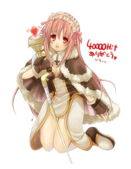 1girl blush boots breasts brown_boots brown_cape brown_dress brown_gloves cape commentary_request dress fingerless_gloves full_body fur-trimmed_cape fur_trim gloves high_wizard_(ragnarok_online) holding holding_staff kneeling layered_dress long_hair looking_at_viewer medium_breasts multicolored_boots open_mouth orange_eyes pink_hair ragnarok_online shi@yu simple_background smile solo staff two-tone_boots two-tone_dress white_background white_boots white_dress