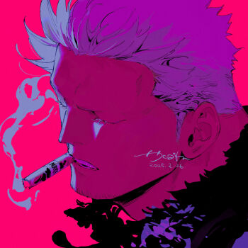 1boy cigar closed_eyes commentary_request dated eyelashes fur_trim highres kabane_(rjev8385) male_focus mouth_hold one_piece parted_lips pink_background portrait short_hair signature simple_background smoke smoke_trail smoker_(one_piece) smoking solo teeth white_hair