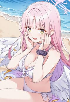 arm_scrunchie beach bikini black_scrunchie blue_archive blunt_bangs blush breasts choker cleavage frilled_bikini frills halo hands_on_own_cheeks hands_on_own_face highres large_breasts long_hair looking_at_viewer low_wings mika_(blue_archive) mika_(swimsuit)_(blue_archive) ocean open_mouth pink_hair ribbon scrunchie swimsuit upstang1 white_bikini white_choker white_ribbon white_wings wings yellow_eyes