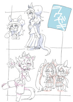 Rule 34 | ..., 4girls, animal ears, arms behind back, beanie, beer hsk, carrot, commentary request, crown, daiwa scarlet (umamusume), ears through headwear, food in mouth, gym shorts, hair between eyes, hair intakes, hat, horse ears, horse girl, horse tail, jacket, long hair, low ponytail, mini crown, monochrome, multiple girls, nakayama festa (umamusume), outstretched arm, pleated skirt, ponytail, puffy short sleeves, puffy sleeves, school uniform, shirt, short sleeves, shorts, skirt, spoken ellipsis, t.m. opera o (umamusume), tail, tiara, tracen school uniform, track jacket, translation request, twintails, umamusume, very long hair, vodka (umamusume), white background