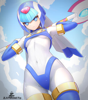 1girl absurdres android armor artist_name blue_eyes blue_helmet bodysuit bodysuit_under_clothes breasts cloud commentary covered_navel crop_top english_commentary fairy_leviathan_(mega_man) fins forehead_jewel from_below head_fins helmet highres holding holding_polearm holding_weapon mega_man_(series) mega_man_zero_(series) polearm robot_girl sky small_breasts solo spear weapon white_bodysuit zambonito