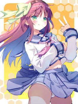 1girl akayama_yukihe alternate_hair_length alternate_hairstyle angel_beats! ass black_hairband blue_skirt blush border bow closed_mouth clothes_lift commentary_request cowboy_shot eyes_visible_through_hair floating_hair green_bow green_eyes hair_between_eyes hair_bow hairband hands_up highres long_sleeves looking_at_viewer midriff_peek miniskirt nakamura_yuri navel neckerchief orange_background outside_border panties pink_neckerchief pleated_skirt purple_hair shinda_sekai_sensen_uniform shirt sidelocks simple_background skirt skirt_lift smile solo split_mouth straight_hair underwear v white_border white_panties white_shirt wind wind_lift