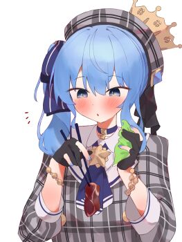 Rule 34 | 1girl, absurdres, beret, black gloves, black nails, blue eyes, blue hair, blue nails, blush, chopsticks, commentary request, food, gloves, grey hat, grey shirt, hat, highres, holding, holding chopsticks, hololive, hoshimachi suisei, hoshimachi suisei (1st costume), meat, medium hair, nail polish, open mouth, partially fingerless gloves, shirt, solo, tepenchi, virtual youtuber, white background