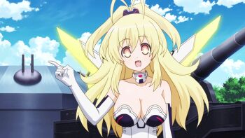 10s 1girl animated animated_gif blonde_hair bouncing_breasts breasts cleavage female_focus large_breasts long_hair mecha_musume neptune_(series) pish solo yellow_eyes yellow_heart_(neptunia)