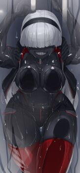 1girl absurdres black_hairband black_jacket black_shorts black_skin breasts colored_skin commentary_request echanis_enicha grin hair_over_eyes hairband highres jacket large_breasts open_clothes open_jacket original red_thighhighs short_hair short_shorts shorts smile solo teeth thigh_gap thighhighs wet wet_clothes white_hair zipper