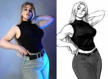 Rule 34 | 2girls, art vs artist, belt, breasts, commentary, cosplay, cosplay photo, cowboy shot, denim, dotted line, english commentary, greyscale, hand in own hair, highres, jeans, jujutsu kaisen, large breasts, long hair, miss faves, monochrome, multiple girls, pants, parted lips, photo (medium), real life, self-portrait, sleeveless, sleeveless turtleneck, smile, toned, toned female, tsukumo yuki (jujutsu kaisen), tsukumo yuki (jujutsu kaisen) (cosplay), turtleneck