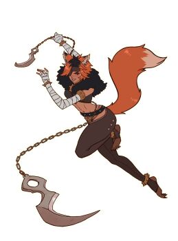 1girl absurdres animal_ears anklet bad_link bandaged_arm bandaged_hand bandages bare_shoulders belt black_belt black_hair black_nails black_pants blurry blurry_background bracelet chain chain_blades colored_extremities colored_eyepatch colored_skin crotchless crotchless_pants evil_smile eyepatch feet fighting_stance fingernails fur_collar gold_anklet highres holding holding_weapon hook jewelry jumping knee_up light_blush maned_wolf medium_hair messy_hair midriff motion_lines multicolored_fur multicolored_skin multiple_anklets multiple_bracelets nail_polish navel orange_fur orange_hair original outline pants red_eyes revealing_clothes see-through_silhouette sharp_teeth smile solo spiked_anklet spiked_bracelet spikes star_(symbol) stirrup_legwear studded_belt studded_pants tail tan teeth toeless_legwear toenail_polish toenails toes tomboy toned toned_female transparent_background two-tone_fur two-tone_skin very_long_tail weapon white_outline wiggling_toes wolf_ears wolf_girl wolf_tail wrist_wrap