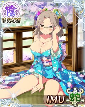 Rule 34 | 1girl, blue kimono, border, breasts, brown hair, card (medium), character name, cherry blossoms, cleavage, closed mouth, flower, game cg, glasses, green eyes, hair flower, hair ornament, hand on floor, imu (senran kagura), japanese clothes, kimono, large breasts, looking at viewer, low neckline, medium hair, official art, parted bangs, senran kagura, senran kagura new wave, short twintails, smile, solo, tatami, third-party source, twintails
