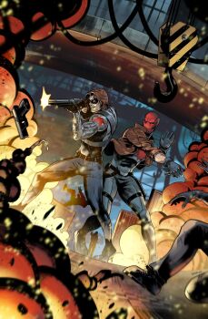 2boys aiming batman_(series) bodysuit brown_hair brown_jacket bucky_barnes captain_america_(series) commentary crossover dc_comics domino_mask english_commentary explosion eye_mask fighting firing full_body gloves grey_bodysuit grey_gloves grin gun handgun highres holding holding_gun holding_weapon hook jacket jason_todd male_focus marvel mask multiple_boys muscular muscular_male no_pupils prosthesis prosthetic_arm red_hood_(dc) red_mask shotgun smile superhero_costume trait_connection vasco_georgiev weapon western_comics_(style) winter_soldier