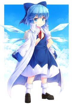 1girl alternate_costume blue_bow blue_eyes blue_hair bow cirno dress highres ice ice_wings komimiyako looking_at_viewer red_ribbon ribbon shoes short_hair smile solo touhou wings