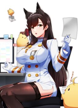 1girl animal_ear_fluff animal_ears atago_(azur_lane) azur_lane baby_animal bird black_hair black_thighhighs breasts buttons chair chick commentary computer_keyboard desk dog_ears dog_girl double-breasted extra_ears flying garter_straps gloves green_eyes highres holding holding_paper kagiyama_(clave) large_breasts long_hair long_sleeves manjuu_(azur_lane) medal military_uniform mole mole_under_eye monitor office_chair open_mouth paper paper_stack pencil_skirt shoulder_boards simple_background sitting skirt solo sticky_note swept_bangs swivel_chair tearing_up thighhighs white_background white_gloves zettai_ryouiki