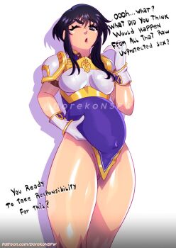 Rule 34 | 1girl, ;o, armor, bare legs, black hair, breastplate, breasts, clitoris slip, cowboy shot, dekuudesu, english text, fake pregnancy, female pubic hair, fire emblem, fire emblem: genealogy of the holy war, gloves, hand on own stomach, highres, larcei (fire emblem), looking at viewer, nintendo, no panties, one eye closed, pregnant, pubic hair, pubic hair peek, purple tunic, pussy, pussy peek, short hair, shoulder armor, sidelocks, simple background, solo, standing, thighs, tunic, white background
