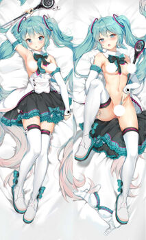 1girl aqua_eyes aqua_hair black_skirt blush breasts commentary_request dakimakura_(medium) hatsune_miku hokuotzu holding holding_microphone leg_up long_hair looking_at_viewer medium_breasts microphone shirt shoes skirt solo thighhighs twintails very_long_hair vocaloid white_shirt white_shoes white_thighhighs