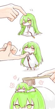 3others brushing chibi closed_eyes dual_persona enkidu_(fate) fate/strange_fake fate_(series) green_eyes green_hair highres himeko_(nico6v6pachi) holding holding_toothbrush lying multiple_others on_stomach one_eye_closed other_focus robe tickling toothbrush white_robe