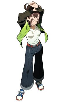1girl 987645321o bell-bottoms belt blue_pants blush breasts brown_hair closed_eyes closed_mouth green_jacket harmony_(pokemon) hashtag-only_commentary highres jacket long_sleeves nintendo open_clothes open_jacket pants pokemon pokemon_legends:_z-a red_belt shirt shoes short_hair simple_background socks stretching white_background white_shirt white_socks
