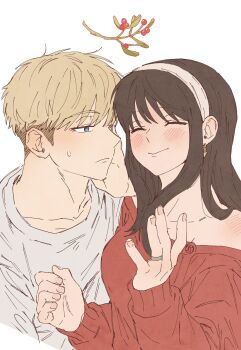 1boy 1girl ^_^ absurdres black_hair blonde_hair blush closed_eyes commentary dress fingernails hairband hetero highres jewelry mistletoe moobki red_dress ring shirt simple_background smile spy_x_family sweatdrop symbol-only_commentary twilight_(spy_x_family) undercut upper_body wedding_ring white_background white_hairband white_shirt yor_briar