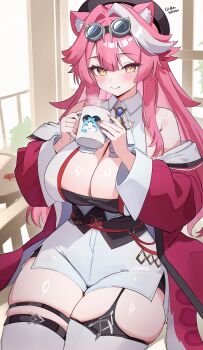 1girl absurdres animal_ears armpit_crease artist_name ascot bare_shoulders beret black_hat blush breasts chattino_(raora_panthera) cleavage clip_studio_paint_(medium) closed_mouth coat collared_shirt commentary cup english_commentary fingernails garter_straps goggles goggles_on_head hair_intakes hat highres holding holding_cup hololive hololive_english huge_breasts indoors jewelry long_hair long_sleeves looking_at_viewer mug multicolored_hair nail_polish o-rindou5100 panther_ears panther_girl panther_tail pink_coat pink_hair pink_nails raora_panthera raora_panthera_(1st_costume) shirt shorts side_slit side_slit_shorts single_garter_strap smile solo streaked_hair tail thick_thighs thighhighs thighs two-tone_hair virtual_youtuber white_ascot white_shirt white_shorts white_thighhighs yellow_eyes
