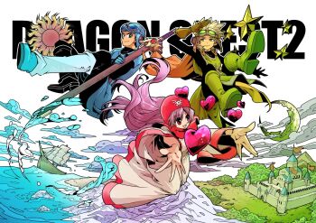 1girl 2boys aviator_cap aviator_goggles beach black_bodysuit black_hair blonde_hair blue_boots blue_tunic bodysuit boots brown_gloves cape capelet castle closed_mouth copyright_name crescent_moon d_d_work dragon_quest dragon_quest_ii erdrick&#039;s_sword floating full_body gaiters gloves goggles goggles_on_head green_boots green_eyes green_tabard hair_between_eyes highres hood hood_up hooded_capelet long_hair moon mountain multiple_boys ocean open_mouth orange_cape outstretched_arms pink_hair prince_of_lorasia prince_of_samantoria princess_of_moonbrook red_capelet red_eyes red_hood red_trim robe roto&#039;s_emblem salute ship short_hair smile sun tabard tunic watercraft white_robe wide_sleeves