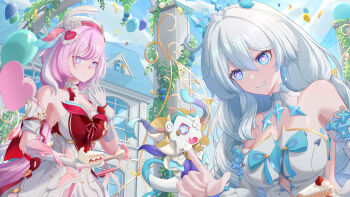 2girls absurdres balloon bare_shoulders beret blue_sky breasts chinese_commentary cleavage commentary_request diamond-shaped_pupils diamond_(shape) dress elysia_(hi_love_elf)_(honkai_impact) elysia_(honkai_impact) gloves hat highres honkai_(series) honkai_impact_3rd kiana_kaslana kiana_kaslana_(ba-dum!_fiery_wishing_star) kiana_kaslana_(wintery_wishes) large_breasts long_hair mansion miyoushe_watermark multicolored_hair multiple_girls official_alternate_costume pink_hair purple_eyes qing_tian_z_gudu red_dress rice_cake_(honkai_impact) sky smile snake symbol-shaped_pupils tiara two-tone_dress two-tone_hair very_long_hair watermark white_dress white_gloves white_hair