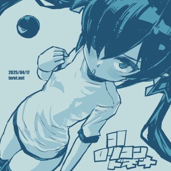 1girl ;o backbeako_(torotei) backbeard blue_background blue_theme blush breasts buruma clenched_hand commentary covered_erect_nipples cowboy_shot dated dated_commentary dutch_angle gegege_no_kitarou gym_shirt gym_uniform hair_over_one_eye hair_ribbon hand_up kono_lolicon_domome loli long_hair looking_at_viewer monochrome one_eye_closed open_mouth original paid_reward_available pointy_ears ribbon shirt short_sleeves simple_background small_breasts solo thighhighs torotei translated twintails v-shaped_eyebrows watermark web_address