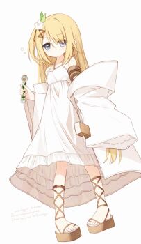 1girl bare_shoulders blonde_hair commentary_request dress flower flower_girl_(yuuhagi_(amaretto-no-natsu)) full_body hair_ornament holding holding_microphone long_hair microphone original sandals simple_background sleeveless sleeveless_dress sleeves_past_wrists solo very_long_hair white_background white_dress white_flower wide_sleeves yuuhagi_(amaretto-no-natsu)