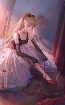 1girl arm_bow artist_request bare_shoulders black_bow black_choker black_gloves blonde_hair blue_eyes blunt_bangs bow choker closed_mouth curtains dress earrings elbow_gloves footwear_ribbon frilled_dress frills full-length_mirror full_body game_cg gloves hair_bow high_heels high_ponytail highres holding holding_ribbon indoors jewelry liese's_dress_(shining_nikki) light_particles light_rays long_dress long_hair looking_at_foot mirror nikki_(series) official_art petals pleated_dress ponytail pumps red_dress red_ribbon red_shoes reflection ribbon rose_petals serena_(shining_nikki) shining_nikki shoes sidelocks sitting sleeveless sleeveless_dress solo sphere_earrings sunlight thorns two-tone_dress tying_footwear very_long_hair white_dress