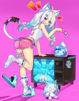 1girl absurdres ahoge animal_ears blue_eyes cat_ears cat_girl cat_tail character_doll coke-bottle_glasses crt doll glasses green_hair green_slippers hair_ornament hairpin highres holding holding_removed_eyewear indie_virtual_youtuber looking_at_viewer mint_fantome mint_fantome_(otaku) mole mole_on_thigh multicolored_hair open_mouth pink_shorts septhy shirt shorts slippers smile socks solo streaked_hair tail television unworn_eyewear virtual_youtuber white_hair white_shirt white_socks
