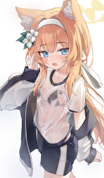 1girl animal_ear_fluff animal_ears bikini bikini_visible_through_clothes black_bikini blue_archive blue_eyes blush breasts cat_ears cat_girl cleavage collarbone commentary cowboy_shot crossed_bangs double-parted_bangs flower front-tie_bikini_top front-tie_top gym_shirt gym_shorts gym_uniform hair_flower hair_ornament hairband halo highres jacket jacket_partially_removed kucu long_hair looking_at_viewer mari_(blue_archive) mari_(track)_(blue_archive) multicolored_jacket navel official_alternate_costume orange_hair ponytail shirt shorts simple_background small_breasts smile solo stomach swimsuit track_jacket triangle_bikini_top trinity_general_school_sportswear two-tone_jacket waving wet wet_clothes wet_shirt white_background white_flower white_hairband yellow_halo