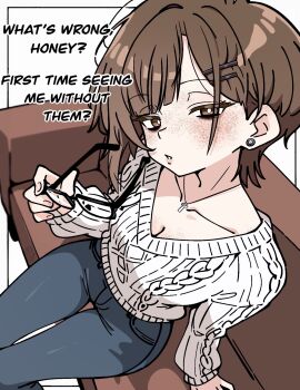 1girl asami-chan breasts brown_eyes brown_hair cleavage collarbone commentary cross cross_necklace denim english_commentary english_text freckles from_above hair_ornament hairclip highres hozuki_asami_(asami-chan) jewelry looking_at_viewer necklace no_eyewear original parallel_hairclips short_hair sitting skinny_jeans solo sweater thighs white_sweater