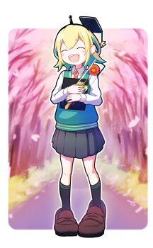 1girl :d ^_^ alternate_costume amano_pikamee aqua_necktie black_skirt black_socks blonde_hair blush_stickers brown_shoes closed_eyes diagonal-striped_clothes diagonal-striped_necktie falling_petals flower full_body green_vest hat highres holding holding_flower loafers long_sleeves mortarboard necktie onpa_(onpa_sound) open_mouth outline oversized_shoes petals pleated_skirt red_necktie sharp_teeth shirt shoes short_hair skirt smile socks solo standing striped_clothes teeth vest virtual_graduation_commemoration virtual_youtuber voms white_outline white_shirt wing_collar