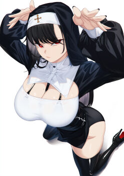 1girl arms_up between_breasts bikini bikini_under_clothes black_bikini black_footwear black_hair black_nails black_skirt blueorca boots breasts closed_mouth commentary habit high_heels highres kneeling large_breasts latex latex_boots long_hair long_sleeves looking_at_viewer mole mole_under_eye nail_polish nun original puffy_sleeves red_eyes simple_background skirt straight_hair strap_between_breasts swimsuit thigh_boots very_long_hair white_background