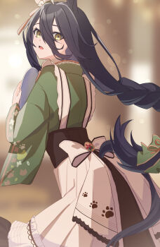 1girl animal_ears apron bow braid commentary_request ear_covers ear_ornament earrings english_text engrish_text green_kimono green_ribbon hair_between_eyes highres holding holding_plate horse_ears horse_girl horse_tail japanese_clothes jewelry kimono long_bangs long_hair long_hair_between_eyes low-braided_long_hair low-tied_long_hair manhattan_cafe_(umamusume) manhattan_cafe_(verdant_night)_(umamusume) plate ranguage ribbon single_ear_cover single_earring solo tail tray umamusume very_long_hair waist_apron waist_bow white_apron white_bow yu_sakae